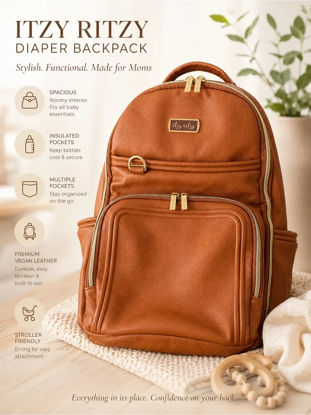 Itzy Ritzy Tan Vegan Leather Backpack Diaper Bag